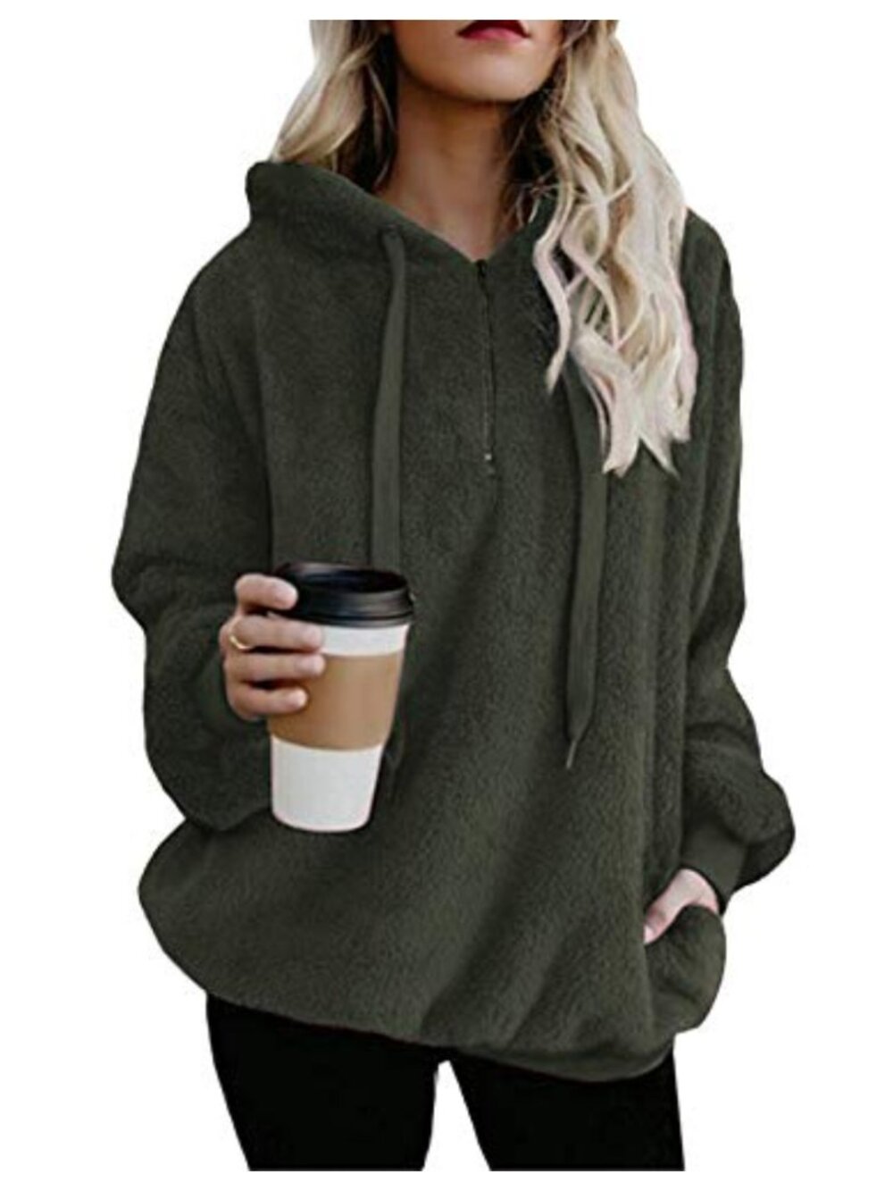 Fuzzy Sherpa Pullover Hoodie Long Sleeve Drawstring Tunic Sweatshirt